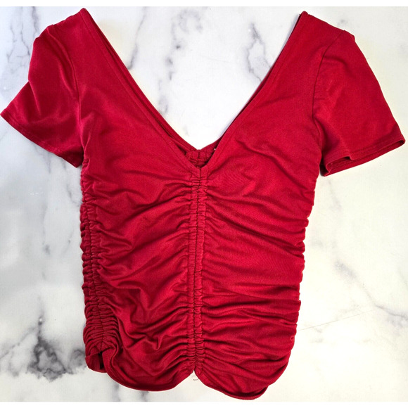 Forever 21 Womens Ruched Cropped Top Small Red V Neck T Shirt Short Sleeve Sexy - Picture 1 of 7